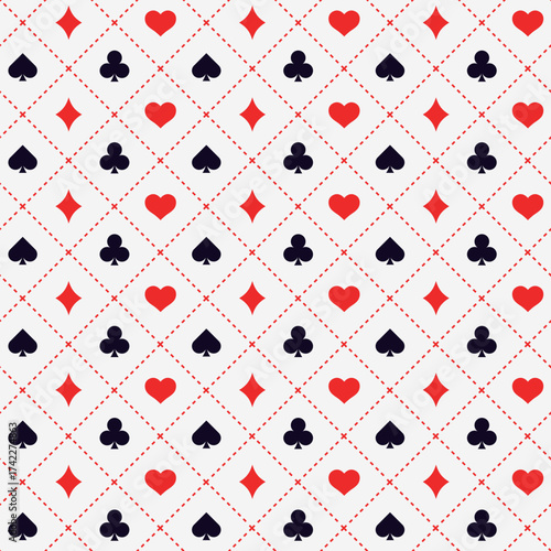 Seamless vector pattern with playing card suit icons. Spade, heart, club, and diamond symbols. Perfect for background, textile, wallpaper, poker, casino, and decorative designs.