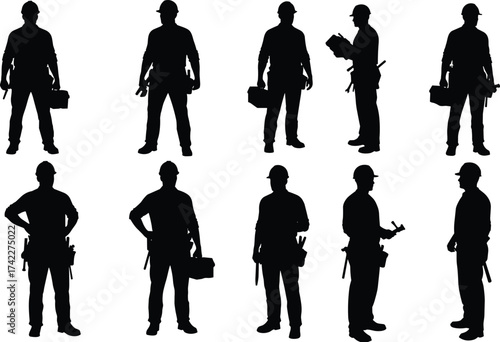 Silhouette illustration of construction workers with tools and helmets representing teamwork, engineering, maintenance, building industry, and professional labor concept