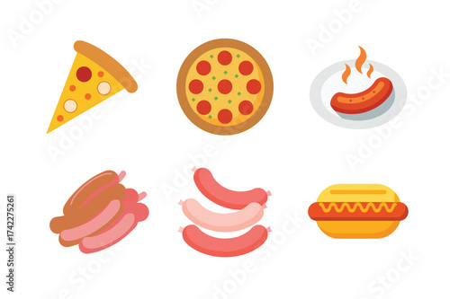 Delicious fast food icons featuring pizza hot dogs and sausages