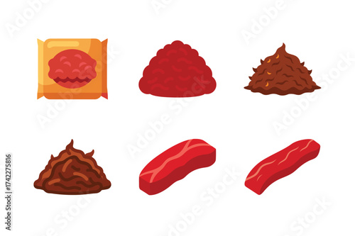 Collection of six vibrant red spices and seasonings illustrated