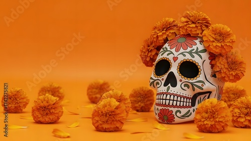 Day of the Dead Sugar Skull with Marigold Flowers on Orange Background