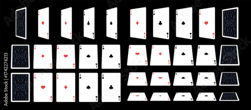 Vector illustration of playing cards spread at different angles and perspectives. Dynamic deck arrangement perfect for poker, casino, gambling, and entertainment graphic projects.