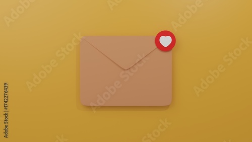 love letter Envelope with heart icon on yellow background 3D rendering