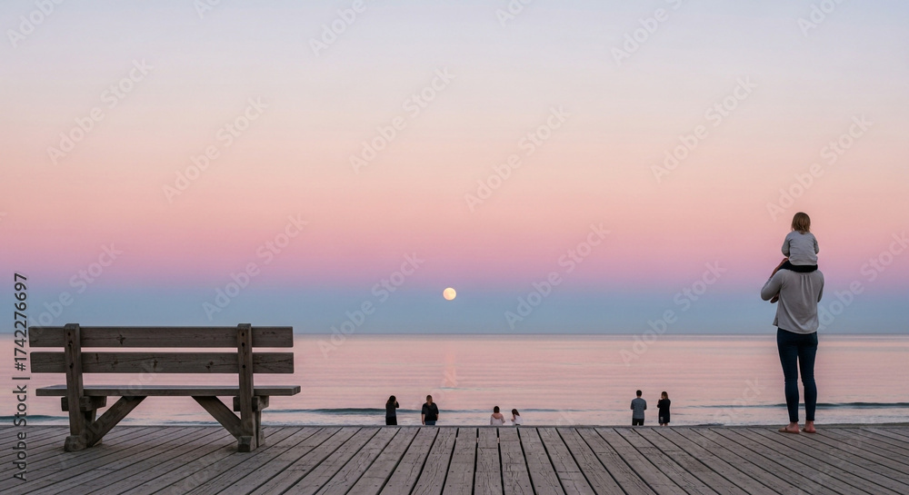 Fototapeta premium A father with a child on his shoulders stands on a boardwalk at sunset, looking out at the ocean horizon