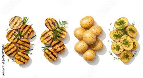 Grilled and boiled baby potatoes with herbs isolated on white background, top view, close up