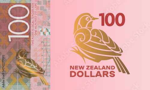 Vector iridescent security gold hologram. Graphic bird yellow-headed Mohua, 100 New Zealand dollars. One hundred. Logotype