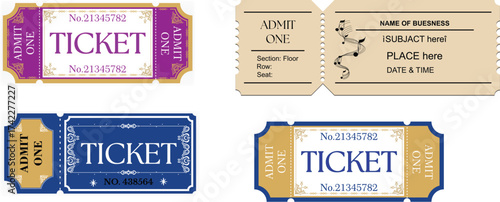 Four vintage-style tickets with unique layouts and “ADMIT ONE” text—EPS vector for events and design.