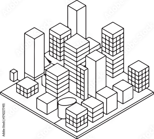 Modern isometric cityscape architectural sketch of tall buildings and blocks representing urban development and futuristic design concepts vector
