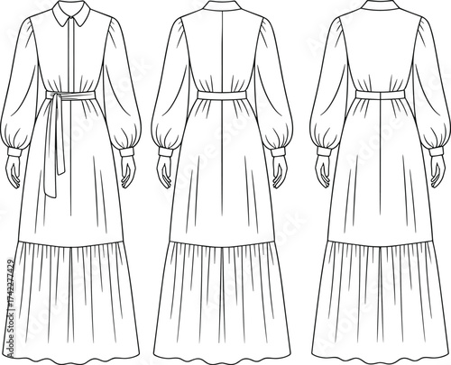 cad drawing flat vector illustration, long sleeve maxi dress design with collared neckline, button front, waist belt, tiered skirt, fashion sketch
