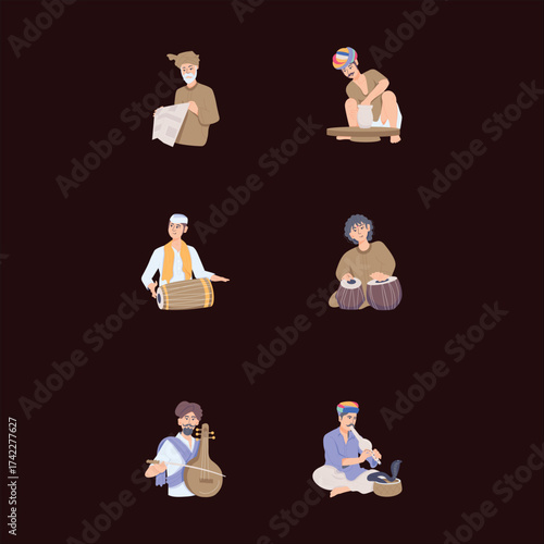 Indian Folk Musicians and Villagers Illustration on Dark Background