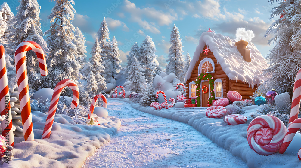 Fototapeta premium A fairytale snow-covered path leads to a cartoon Christmas house among candy canes and candy canes – a bright winter background with a Christmas theme