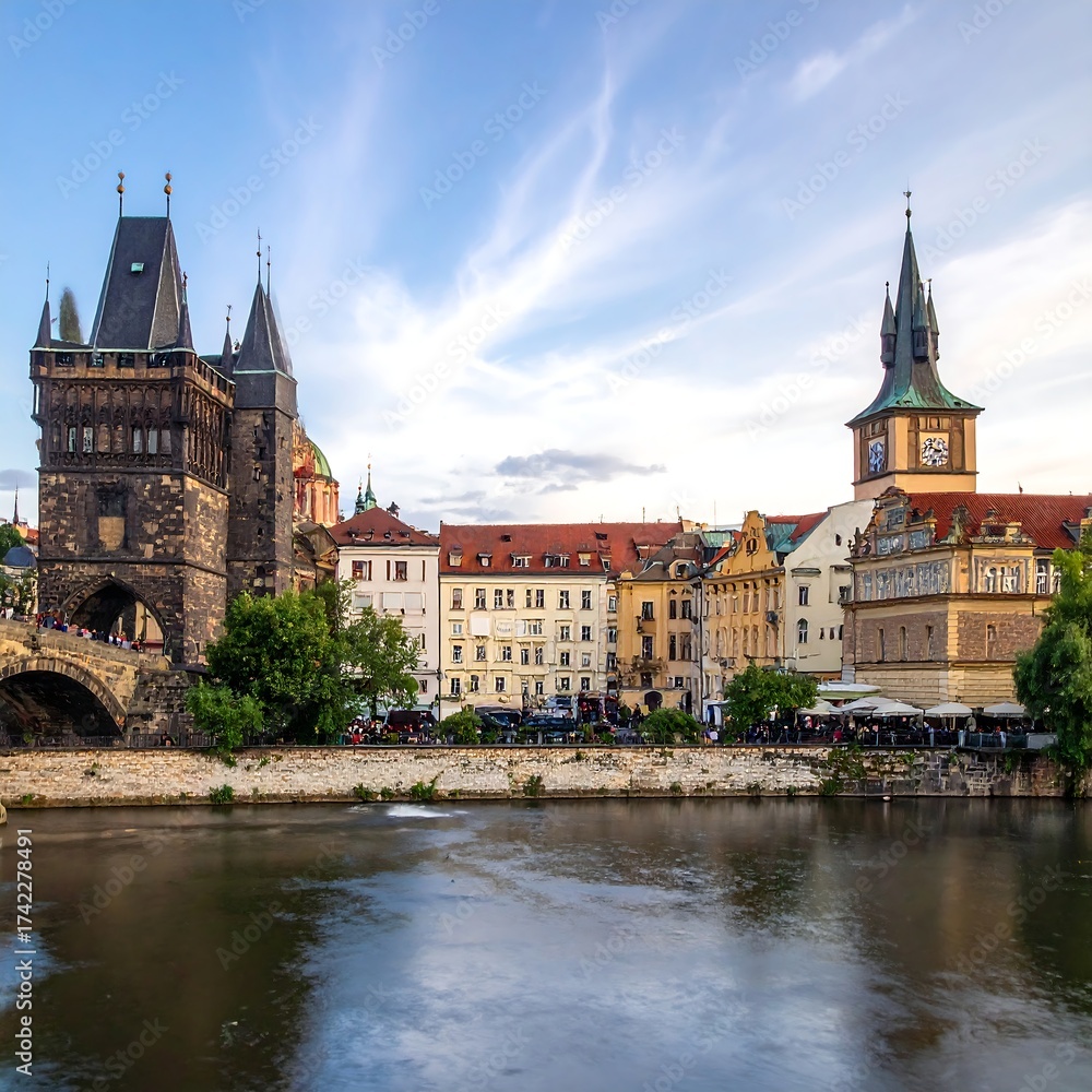 Fototapeta premium A picturesque cityscape next to a river with buildings and towers