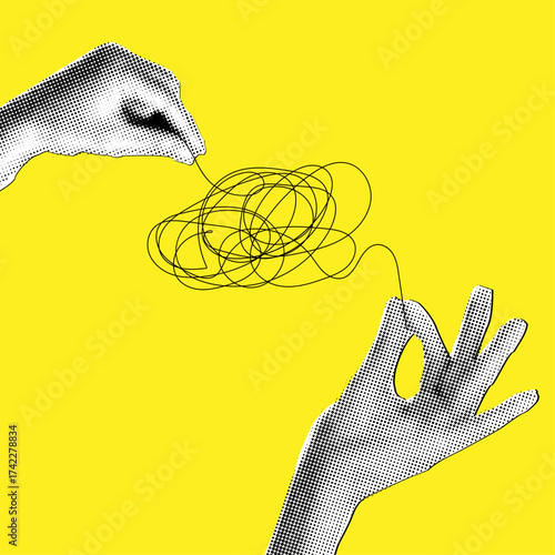 Halftone collage showing two hands untangling a chaotic thread or knot,symbolic representation of finding clarity,solving complex issues,or organizing confusion in business or personal life