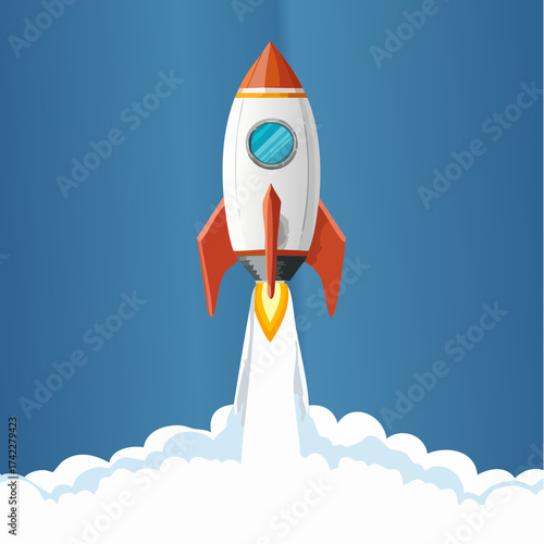 A vibrant rocket blasts off against a brilliant blue sky, symbolizing innovation and progress, leaving a trail of fiery vapor and billowing clouds.