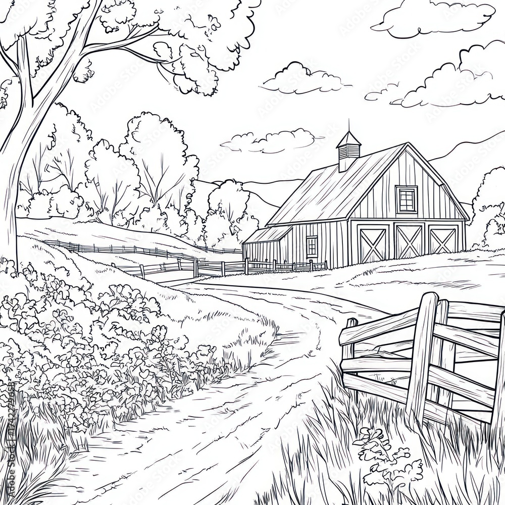 Fototapeta premium Countryside scene, coloring book, rural landscape, farm