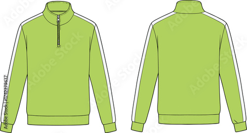cad drawing flat vector illustration, half zip sweatshirt with contrast sleeve panel, fashion design template, front and back view