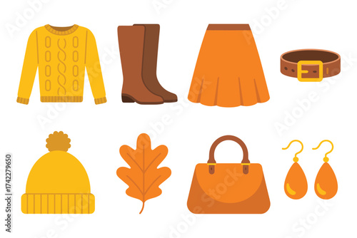 Flat design autumn clothing and accessory icons collection cozy fall fashion elements illustration
