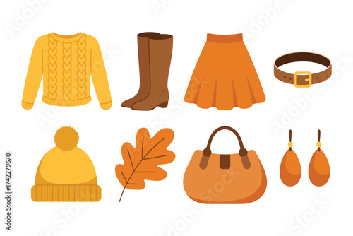 Flat design autumn clothing and accessory icons collection cozy fall fashion elements illustration