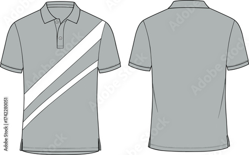 cad drawing flat vector illustration, polo shirt technical sketch front back view, casual short sleeve menswear fashion design template