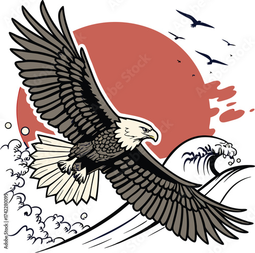 Majestic eagle soaring with power, a symbol of freedom and strength with a vibrant sun and ocean waves background, perfect for logos and designs