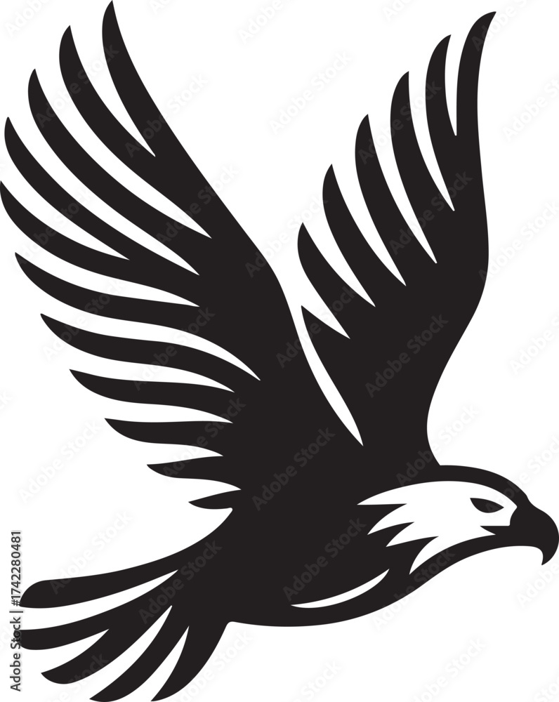 Obraz premium Dynamic black and white illustration of a majestic eagle soaring with wings spread wide, symbolizing freedom, power, and nature's wild spirit, ideal for impactful designs