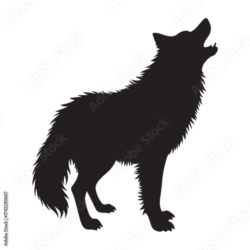 Black silhouette vector illustration of a howling wolf with detailed shaggy fur texture isolated on a white background