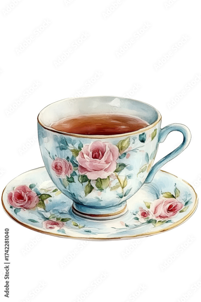Fototapeta premium Delicate porcelain teacup with floral rose pattern filled with tea sits on matching saucer, evoking sense of elegance and tranquility
