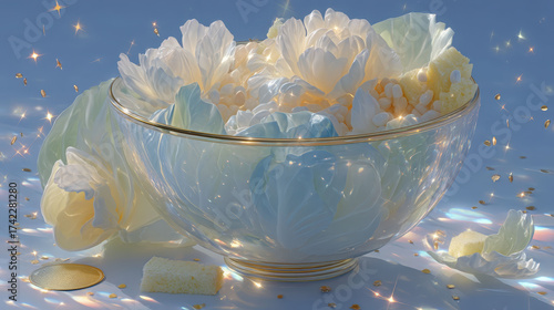 A bowl of flowers with a gold rim and a gold coin in the middle. The flowers are white and blue