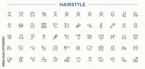 Hairstyle modern icon set. Line icons with editable stroke. Editable vector stroke. Barbershop icon set. Includes symbols for barber, salon, hairdresser, dresser, haircut and more.