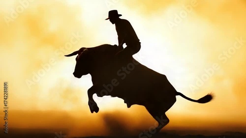 Silhouette of a cowboy riding a bucking bull against a dramatic sunset sky.