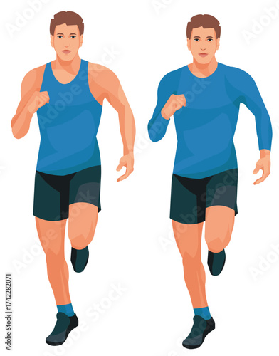 Two Isolated Running Man Figures Front View in Blue Summer and Winter Sportswear