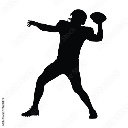 Silhouette of an american football quarterback throwing a pass in action on a white background
