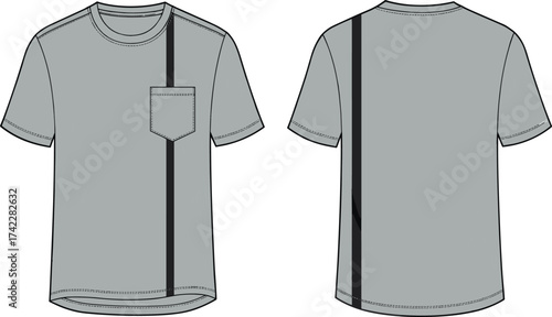 cad drawing flat vector illustration, men’s round neck t-shirt technical sketch, pocket tee design template, casual short sleeve shirt
