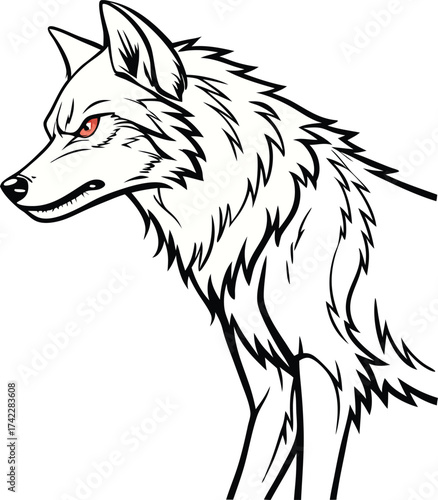 Mysterious wolf with intense red eyes staring intently, originally a vector graphic, perfect for branding, logos, and fantasy illustrations