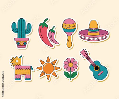 Vibrant Mexican Culture Stickers & Icons: Cactus, Sombrero, Piñata, and Maraca Graphics