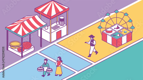 Whimsical fairground scene with carnival rides and vendor booths, perfect for event promotions, festival designs, and summer fair advertisements