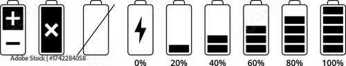 Battery charge level indicator set in percent. Battery icons set. battery charging level indicator icon.