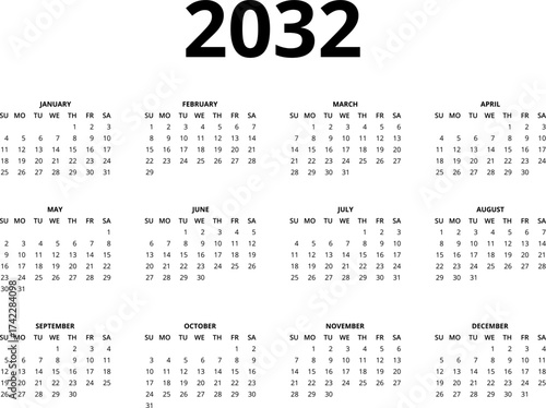 2032 Calendar template. Calendar 2032 - 12 months yearly calendar - planner calendar. Monthly calendar. Vector illustration for print, web, mobile app on transparent background