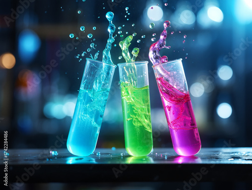 Dramatic high-contrast laboratory photography featuring luminous test tubes with explosive liquid motion