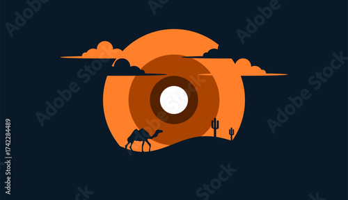 Silhouette of camel walking in the desert with orange sunset background, serene and exotic desert landscape, warm and natural atmosphere at dusk in the Middle East