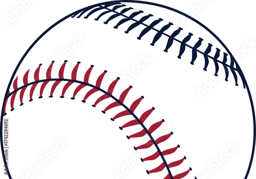 A clean graphic illustration of a white baseball with detailed red and blue stitching on a white background.