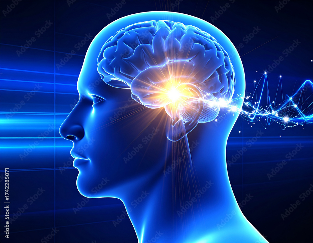 Obraz premium Illuminated human brain with glowing neural activity and abstract wave patterns, symbolizing intelligence and cognitive function