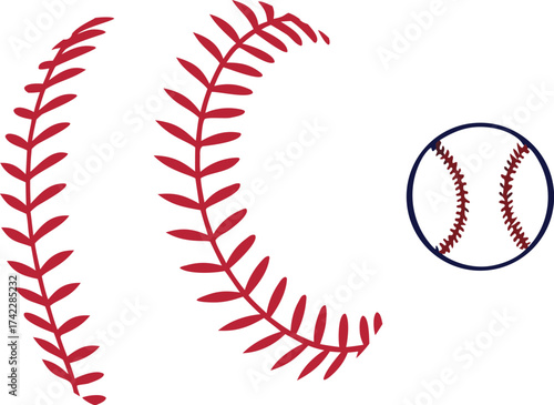 A graphic illustration featuring a baseball, along with two curved lines representing baseball stitching.