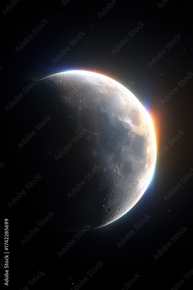 Naklejka premium Waxing Gibbous Moon with Sunrise Glow in Space