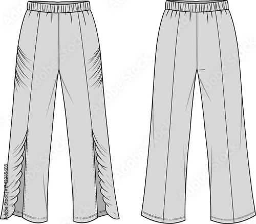 cad drawing flat vector illustration, ruched side slit pants technical sketch, fashion design template, womenswear trousers clothing, elastic waist