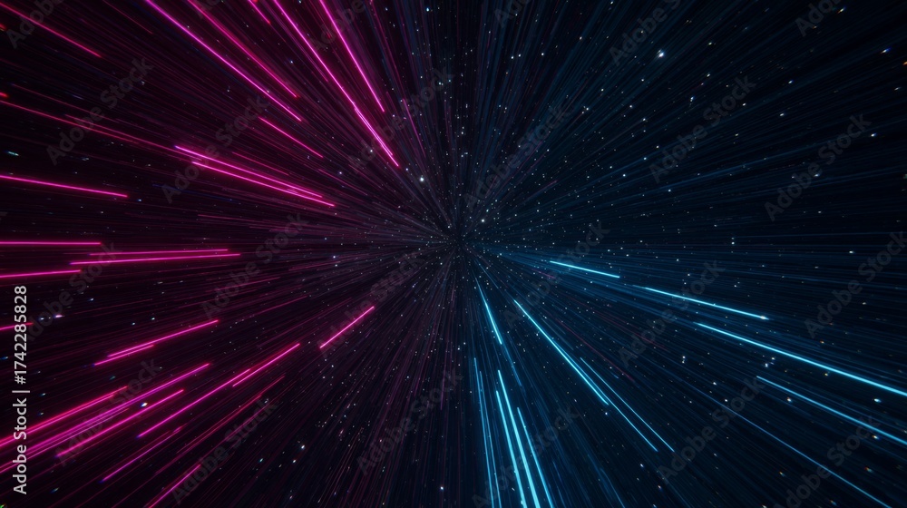 Naklejka premium Dynamic neon speed lines in motion, abstract energy flow of pink and blue light in futuristic background symbolizing speed and technology.