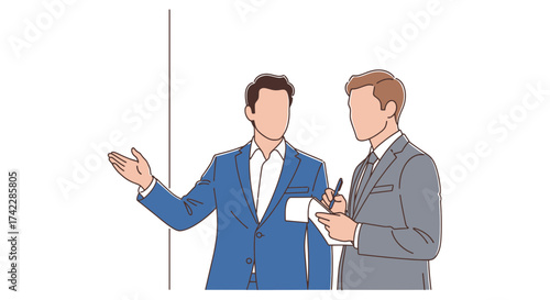 Two businessmen in suits discussing a project with a presentation.