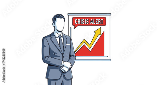 Business professional presenting a crisis alert with financial graph.