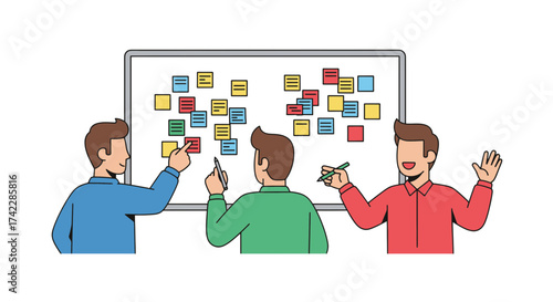 Teamwork and collaboration in a business meeting with sticky notes on a whiteboard.