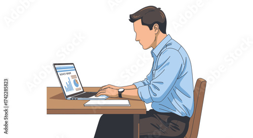 Man working on laptop at desk business report on screen side view.